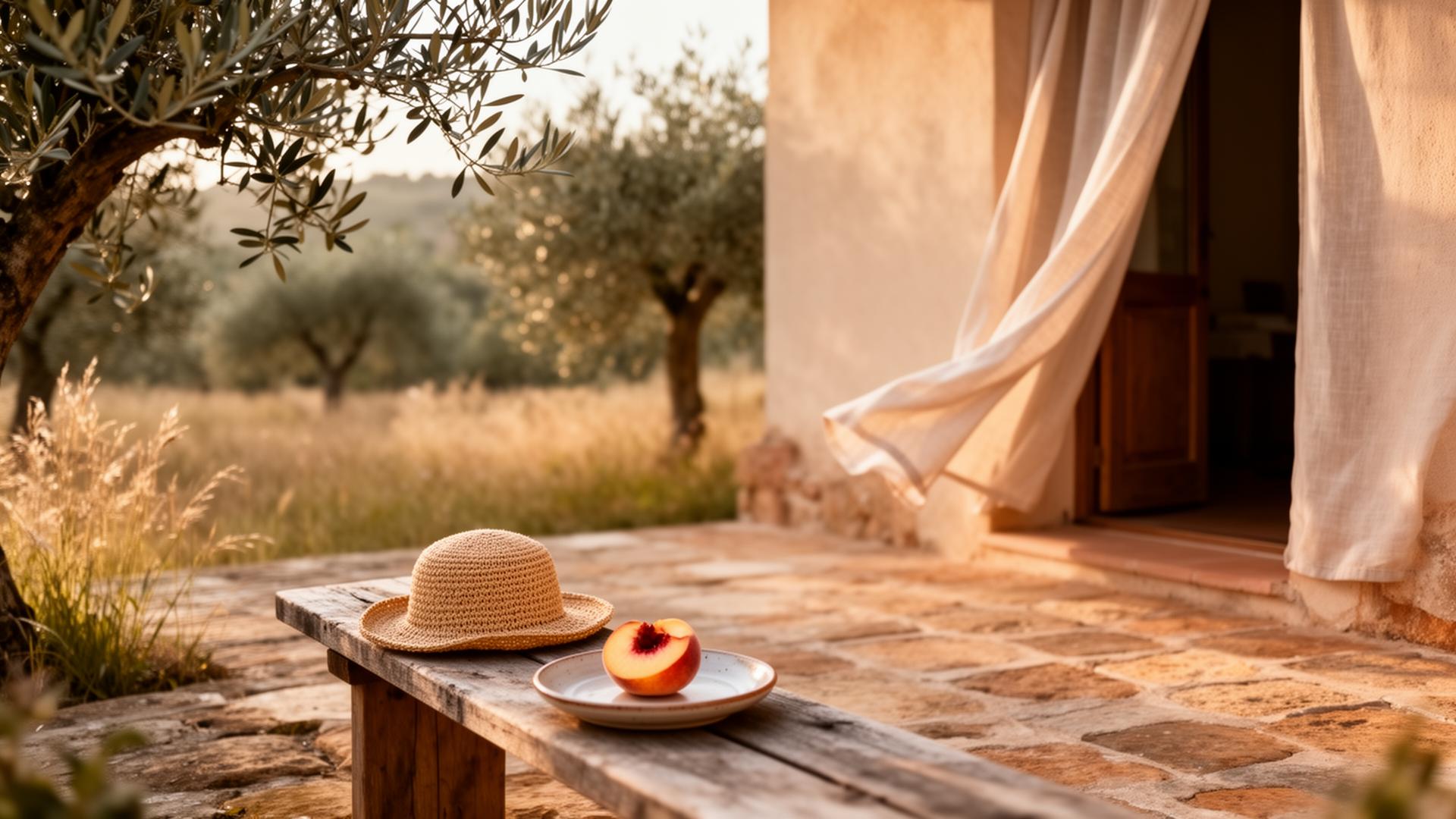 A quiet sun-dappled stone terrace at a rustic European countryside home in golden afternoon light